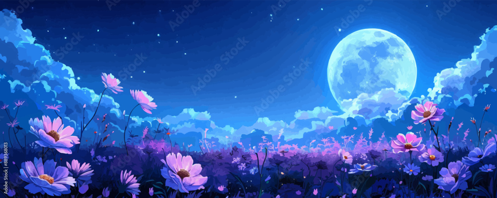 Fabulous purple flowers on the field in the moonlight in the clouds. vector simple illustration Fabulous purple flowers on the field in the moonlight in the clouds. vector simple illustration