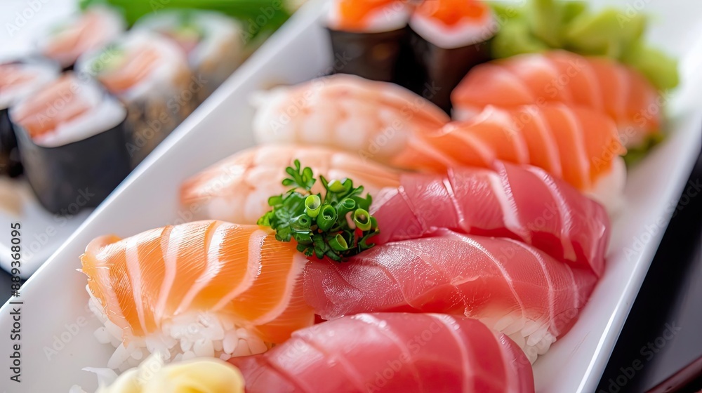 Close-up of assorted sushi and nigiri on a white platter, showcasing vibrant and fresh seafood in a Japanese culinary presentation. Close-up of assorted sushi and nigiri on a white platter, showcasing vibrant and fresh seafood in a Japanese culinary presentation.