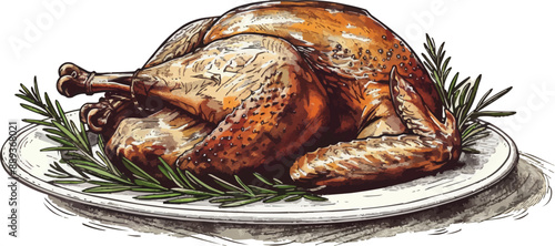 Roasted turkey on a plate hand drawn engraving sketch Restaurant business concept. vector simple illustration