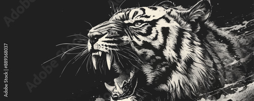 Angry tiger head with roaring mouth hand drawn sketch engraving style vector illustration