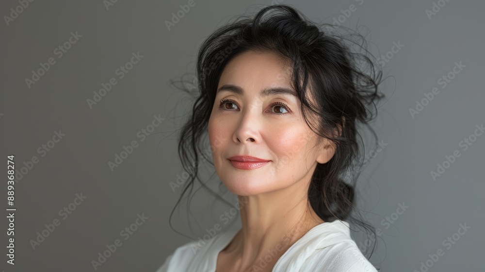 Portrait of middle age Asian woman posing isolated over grey background Portrait of middle age Asian woman posing isolated over grey background