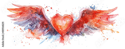 Heart red with wings watercolor illustration