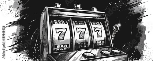 Casino slot 777 machine hand drawn engraving sketch. vector simple illustration