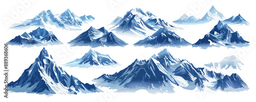 A collection of mountains in various sizes and shapes. The mountains are all white and appear to be covered in snow