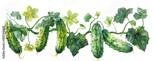 Hand drawn illustration of cucumbers and flowers on branch. vector simple illustration