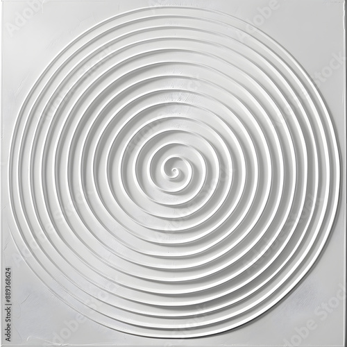 A closeup capture of a white wooden sculpture depicting a spiral on a white surface. The intricate pattern showcases symmetry and monochrome art