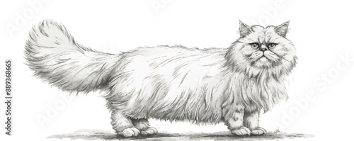 A white cat with long fur is standing on a white background. The cat has a long tail and he is looking at the camera with a stern expression