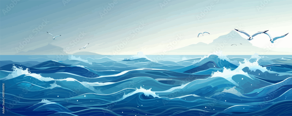 Seascape with waves and seagulls. vector simple illustration Seascape with waves and seagulls. vector simple illustration
