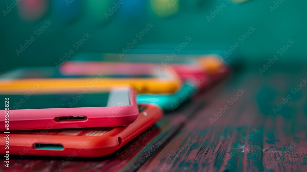 A row of colorful smartphones stacked on a wooden table with a blurred background. A row of colorful smartphones stacked on a wooden table with a blurred background.
