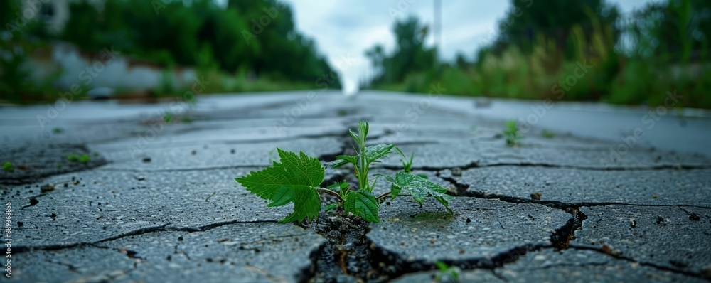 Fototapeta premium A single plant growing through cracked asphalt on a deserted road.