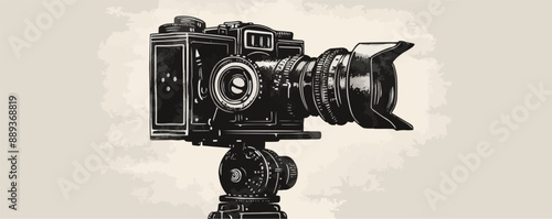 A black and white camera with a lens and a tripod. The camera is the main focus of the image