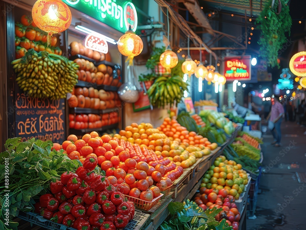 Bustling Street Market in Thailand - Multicultural Vendors and Customers Amid Vibrant Colors and Detailed Interactions Bustling Street Market in Thailand - Multicultural Vendors and Customers Amid Vibrant Colors and Detailed Interactions
