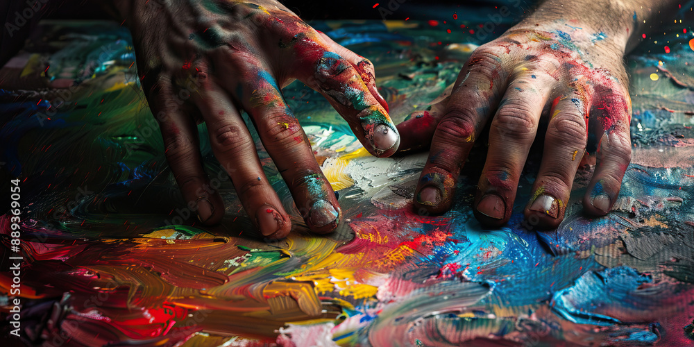 An artist’s hands blending colors on a canvas, creating a stunning piece of art An artist’s hands blending colors on a canvas, creating a stunning piece of art
