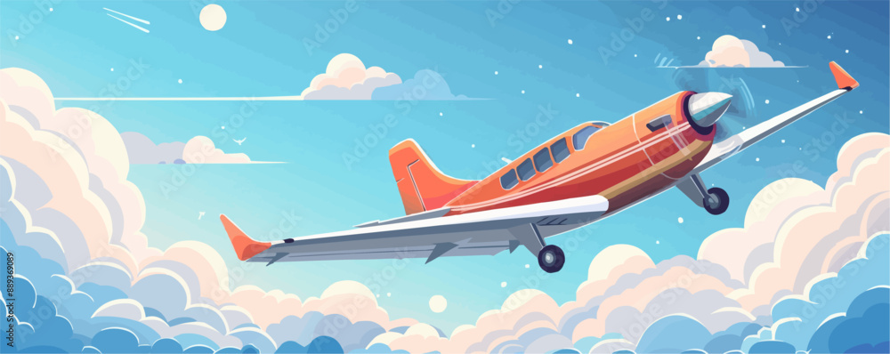 Fototapeta premium A red and white airplane is flying through the sky. The sky is blue with some clouds. The airplane is the main focus of the image