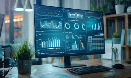 Detailed Business Analysis Displayed on Computer Screen Dashboard, Ideal for Financial and Data Analytics, 4K High-Resolution Wallpaper with AI-Generated Background
