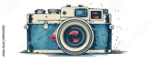 A vintage looking camera with a red lens. The camera is blue and white