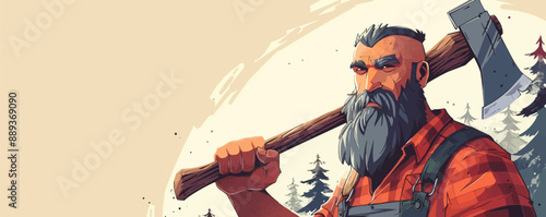 Lumberjack brutal bearded man with axe. vector simple illustration