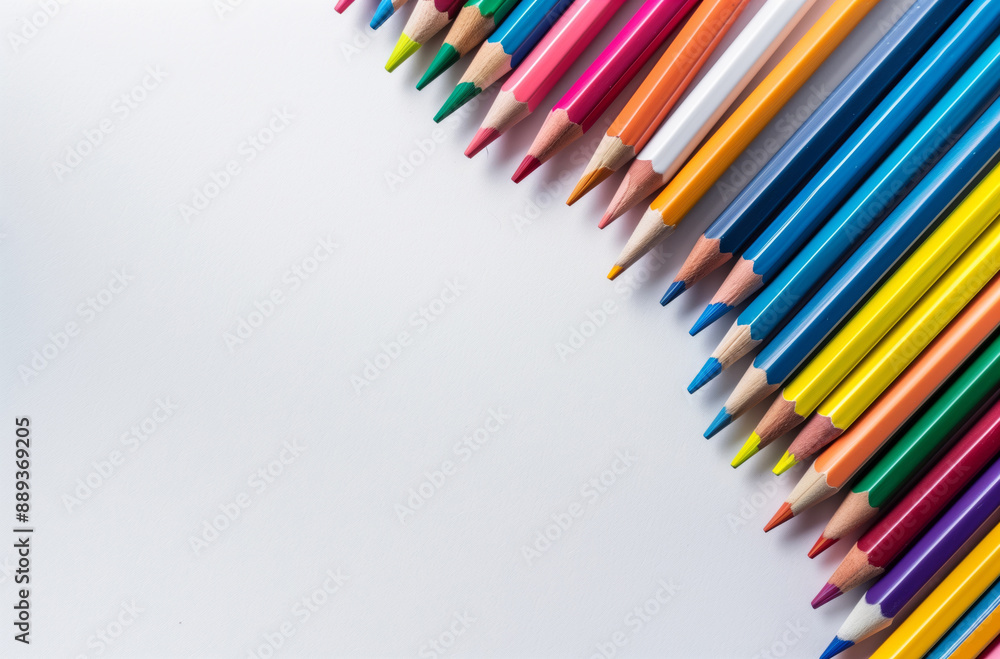 Close-up of colorful pencils stacked together on a white background Close-up of colorful pencils stacked together on a white background
