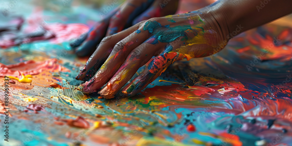 An artist’s hands blending colors on a canvas, creating a stunning piece of art An artist’s hands blending colors on a canvas, creating a stunning piece of art