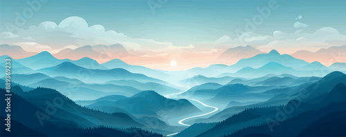 A serene mountain pass with winding trails and panoramic views of distant peaks. Vector flat minimalistic isolated illustration.
