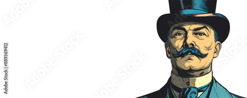 Portrait of an English gentleman with a mustache in a suit and top hat hand drawn. vector simple illustration