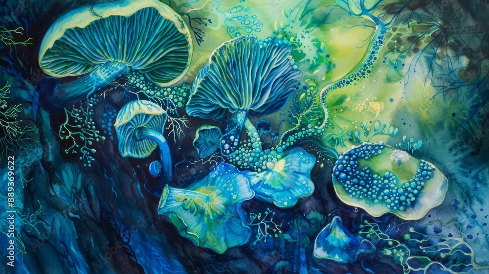 Abstract painting of various blue and green mushrooms with intricate details and patterns on a dark background. Abstract painting of various blue and green mushrooms with intricate details and patterns on a dark background.