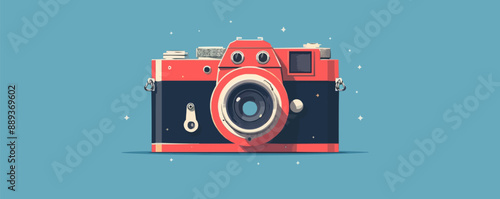 A red camera with a black body and a blue background
