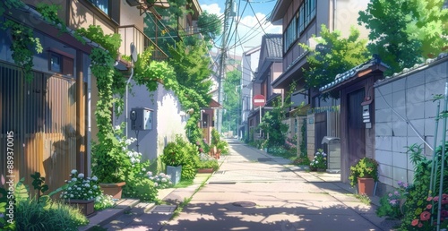 Fototapeta Naklejka Na Ścianę i Meble -  A neighborhood in rural Japan, outdoor streets with houses, green and nature scenery, scenic view, anime artwork