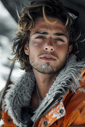portrait of a young man modeling on a snowy day in winter clothing
