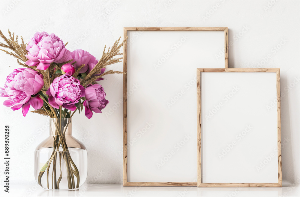Mockup frames for wall decoration in a modern interior room with a vase of flowers Mockup frames for wall decoration in a modern interior room with a vase of flowers