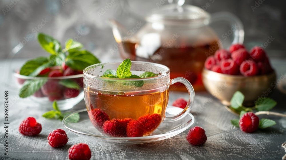 A delightful raspberry mint tea presented in a clear cup with mint leaves and raspberries. A glass bowl of raspberries and a tea A delightful raspberry mint tea presented in a clear cup with mint leaves and raspberries. A glass bowl of raspberries and a tea
