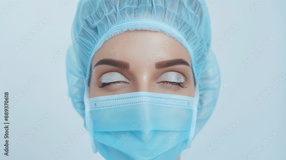 Beautiful model with perfect skin in a surgical setting, high-resolution photo, minimalistic light background, soft focus, bright colors