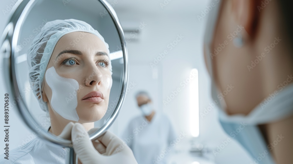 A patient looking in the mirror while a surgeon discusses the rhinoplasty procedure A patient looking in the mirror while a surgeon discusses the rhinoplasty procedure