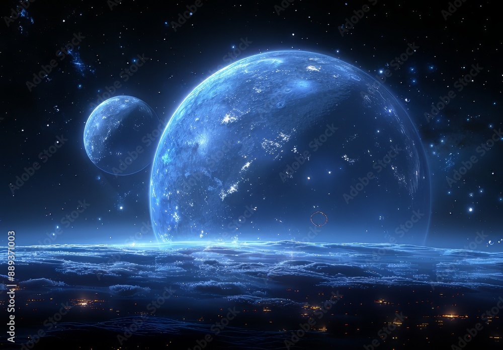 A blue planet with two moons in space, a black background of stars and planets in the sky, sci-fi style, digital art, neon effects, dark blue and silver tones, other worlds in distant orbits, planets A blue planet with two moons in space, a black background of stars and planets in the sky, sci-fi style, digital art, neon effects, dark blue and silver tones, other worlds in distant orbits, planets