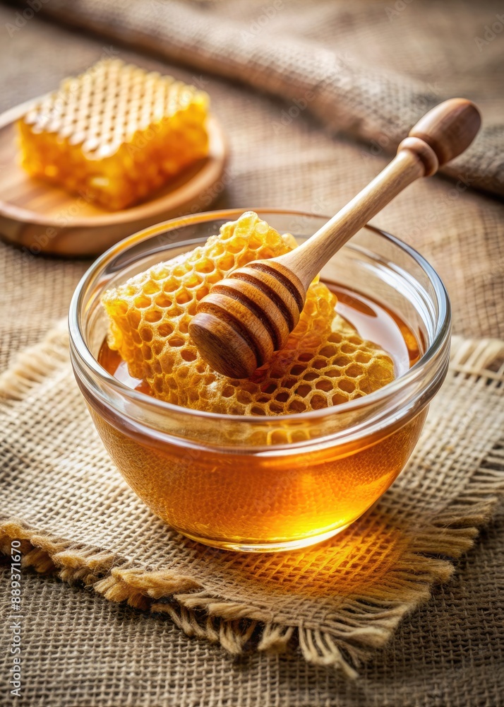 Honey dipper resting on a honeycomb in a glass jar. Honey dipper resting on a honeycomb in a glass jar.