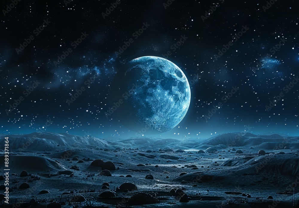 A blue planet with two moons in space, a black background of stars and planets in the sky, sci-fi style, digital art, neon effects, dark blue and silver tones, other worlds in distant orbits, planets A blue planet with two moons in space, a black background of stars and planets in the sky, sci-fi style, digital art, neon effects, dark blue and silver tones, other worlds in distant orbits, planets