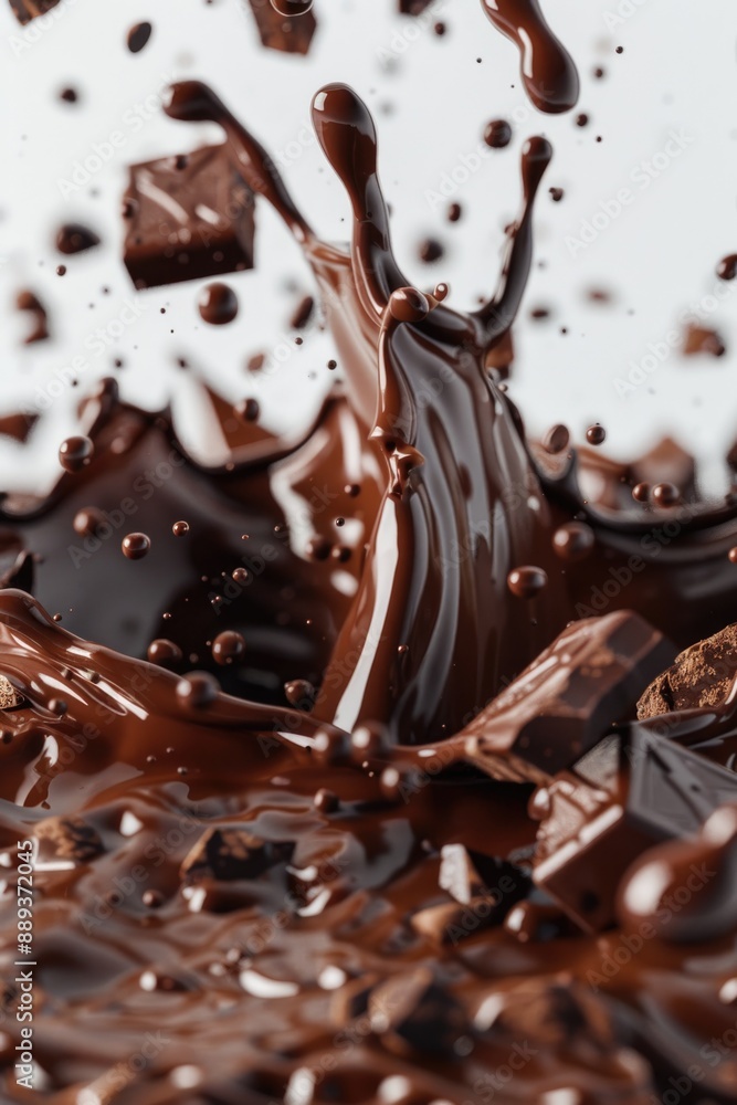 A close-up shot of a rich and creamy chocolate splash on a clean white surface, great for food or lifestyle photography A close-up shot of a rich and creamy chocolate splash on a clean white surface, great for food or lifestyle photography