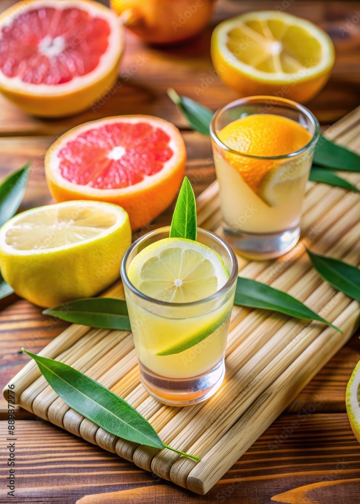 Fototapeta premium Freshly squeezed citrus juices in glasses on a bamboo mat.
