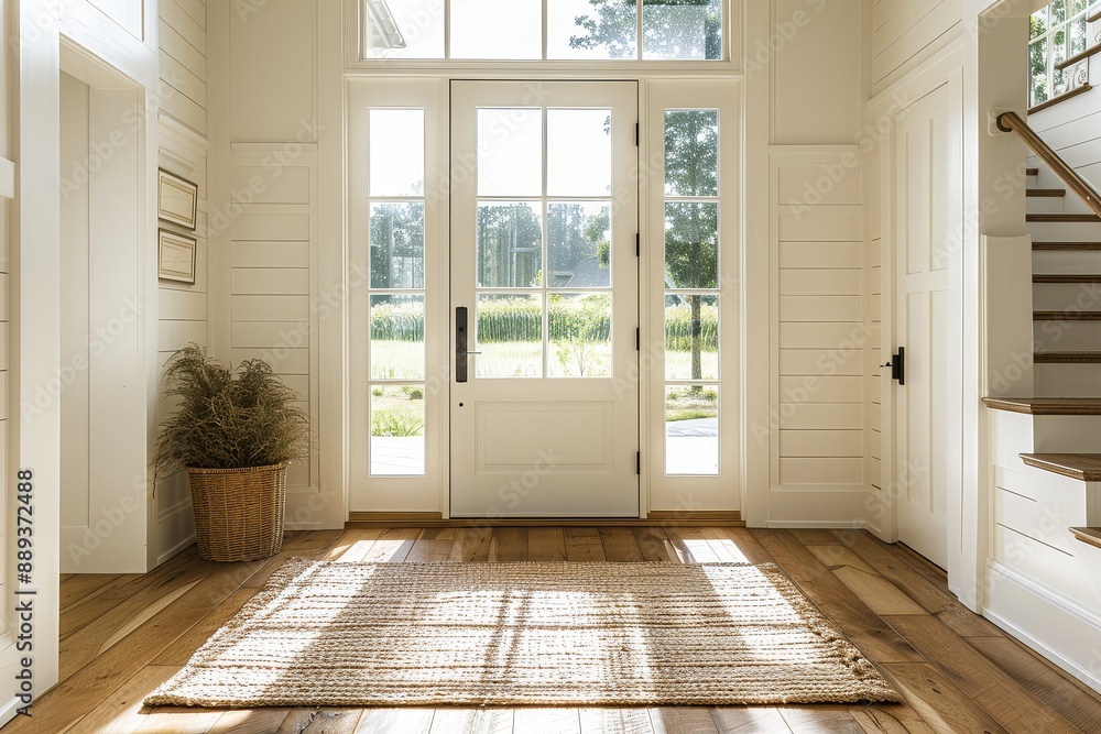 Award-winning photography of a beautiful large front entry door in a hallway, featuring white and wood elements, wooden floor, and a window over an interior wall, in modern farmhouse style. Award-winning photography of a beautiful large front entry door in a hallway, featuring white and wood elements, wooden floor, and a window over an interior wall, in modern farmhouse style.