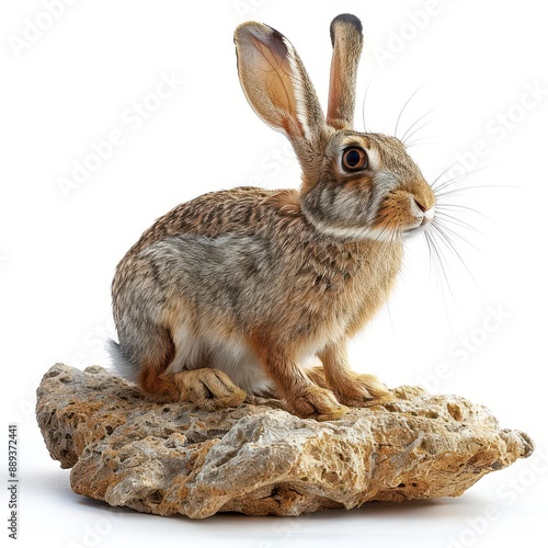Stylized taxidermy rabbit on rock posed against white background.