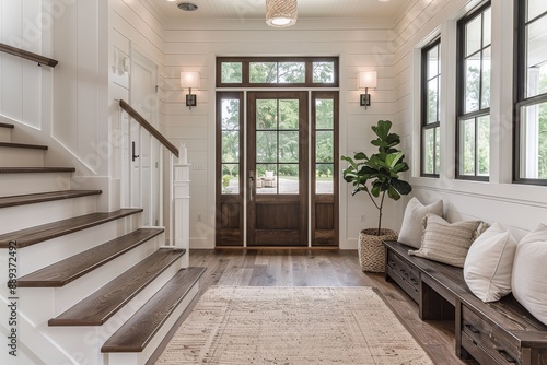 Award-winning photography of a beautiful large front entry door in a hallway, featuring white and wood elements, wooden floor, and a window over an interior wall, in modern farmhouse style.