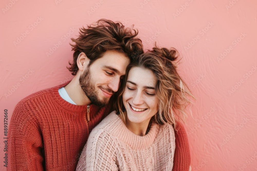 Portrait of a glad couple in their 20s wearing a cozy sweater in solid pastel color wall