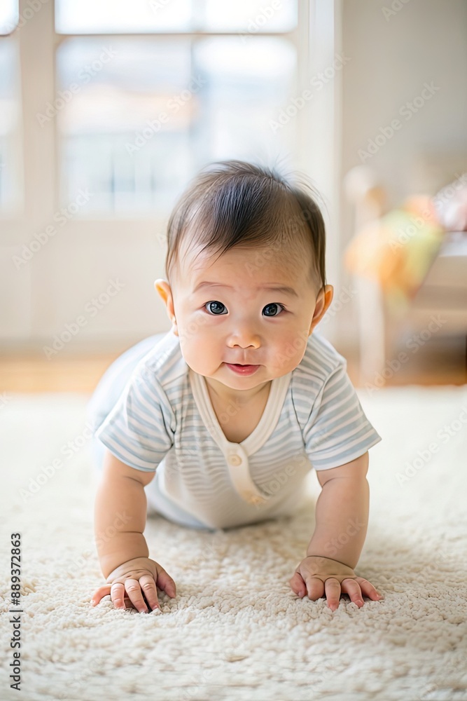 Adorable baby wearing white bodysuit, crawling on knees on floor at home. Curious active little infant child learning to move on warm heating safe floor, passing by window in background Adorable baby wearing white bodysuit, crawling on knees on floor at home. Curious active little infant child learning to move on warm heating safe floor, passing by window in background