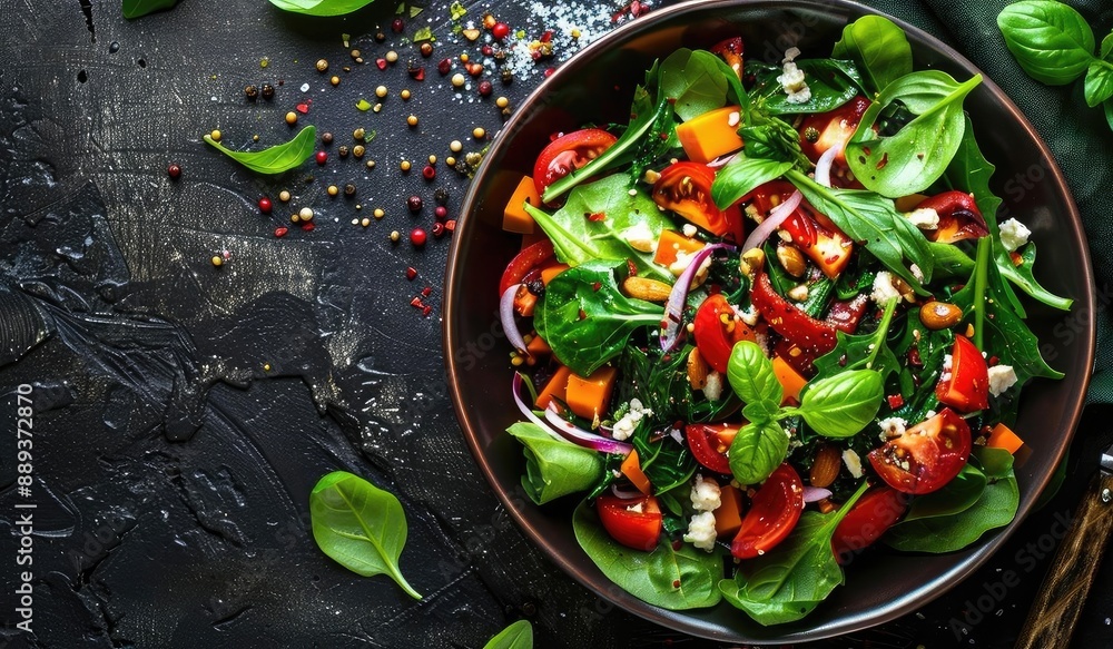 Colorful fresh vegetable salad with spinach, tomatoes, and feta cheese in a black bowl on a dark textured background. Colorful fresh vegetable salad with spinach, tomatoes, and feta cheese in a black bowl on a dark textured background.