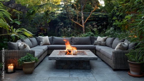 landscaped patio with a fire pit in the center, surrounded by a wicker sofa and table generative ai