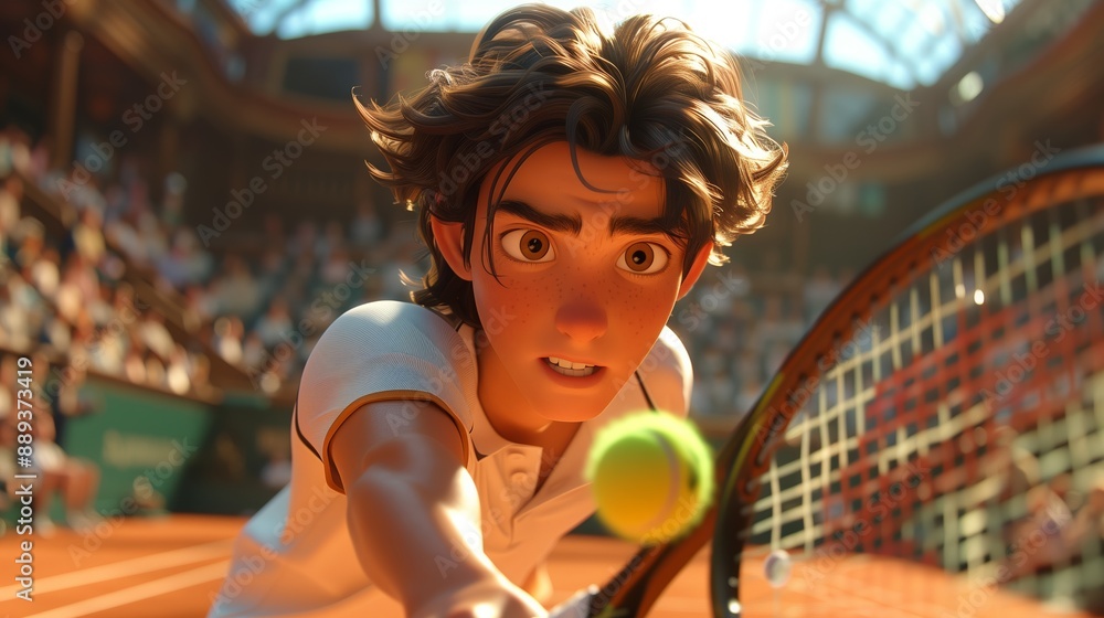 Animated Tennis Player Reaches for Ball During Match Animated Tennis Player Reaches for Ball During Match