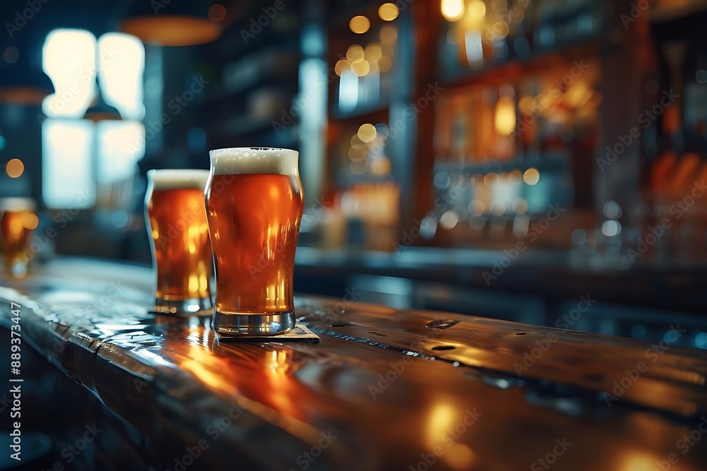 Two Glasses of Beer on a Wooden Bar Counter in a Pub - Photo Two Glasses of Beer on a Wooden Bar Counter in a Pub - Photo