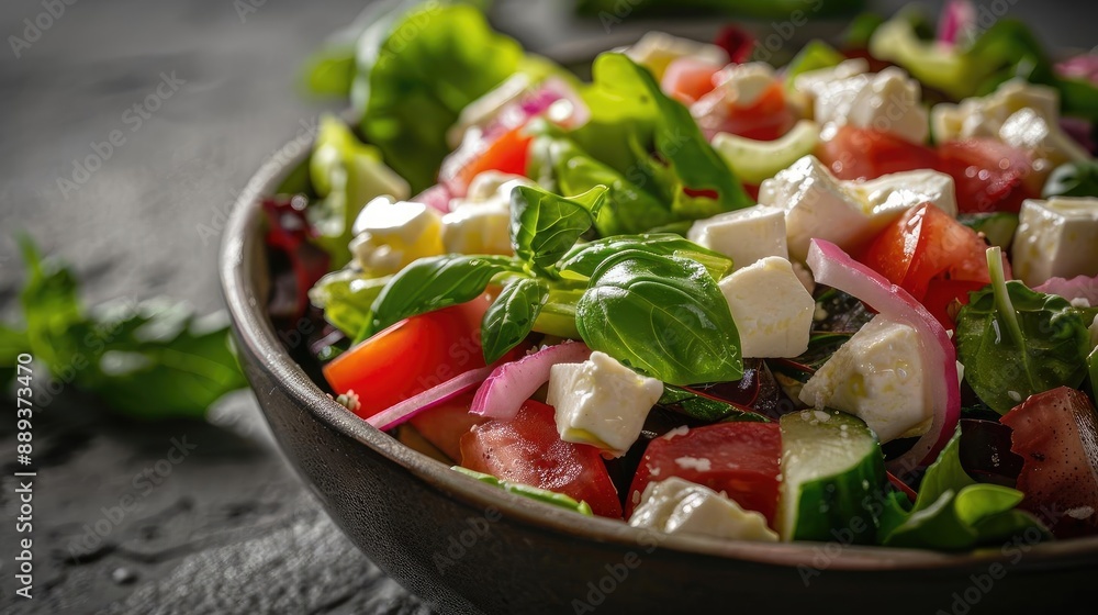 Fresh Greek salad with tomatoes, cheese, and leafy greens in a bowl on a dark background, perfect for healthy meal and diet concepts. Fresh Greek salad with tomatoes, cheese, and leafy greens in a bowl on a dark background, perfect for healthy meal and diet concepts.