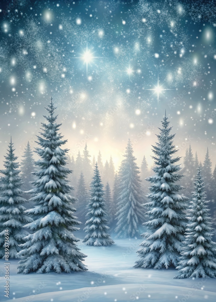 Fototapeta premium Snowy pine trees under a starry winter sky.