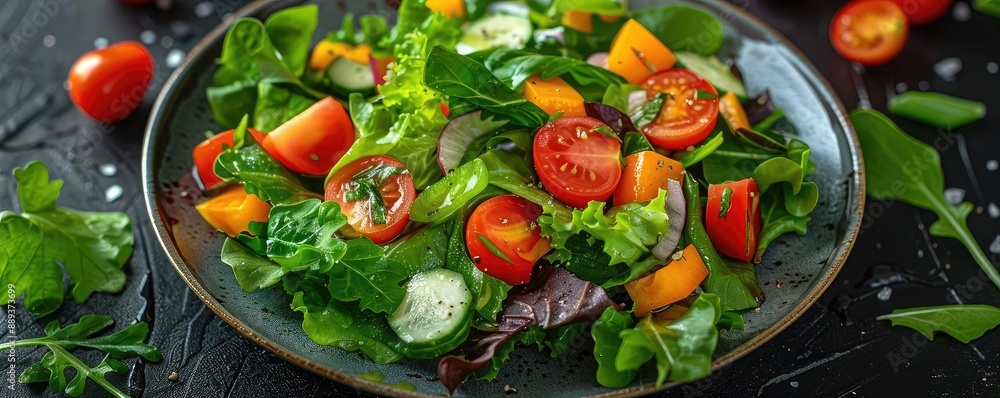 Fresh and colorful vegetable salad with tomatoes, cucumbers, and greens on a dark plate, perfect for healthy eating concepts. Fresh and colorful vegetable salad with tomatoes, cucumbers, and greens on a dark plate, perfect for healthy eating concepts.